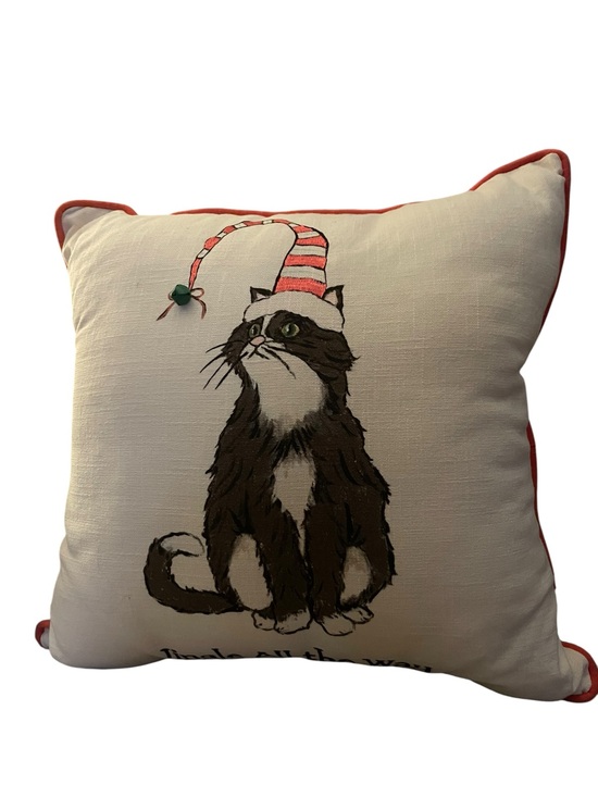 unbranded Other - Cat Throw Pillow with Red Trim and Festive Cat Illustration NWT